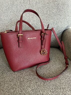 Michael Kors Wine Saffiano Leather Satchel with Gold Hardware